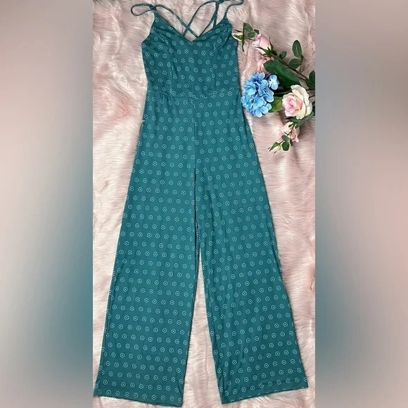 Teal Green Knit Jumpsuit w/Strappy Back Sz L By Davina NWOT - Picture 5 of 8